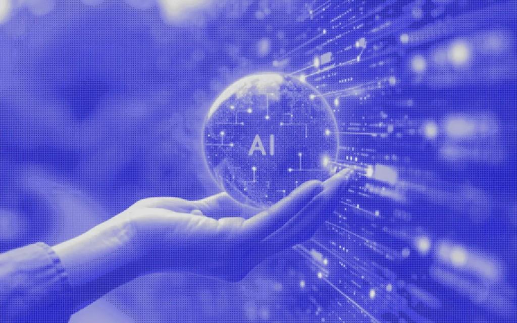 Hand holding a glowing digital globe with AI at the center, blue graphic style.