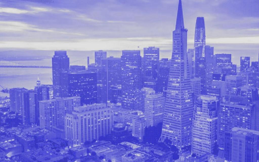 San Francisco skyline with the Transamerica Pyramid, blue halftone style.