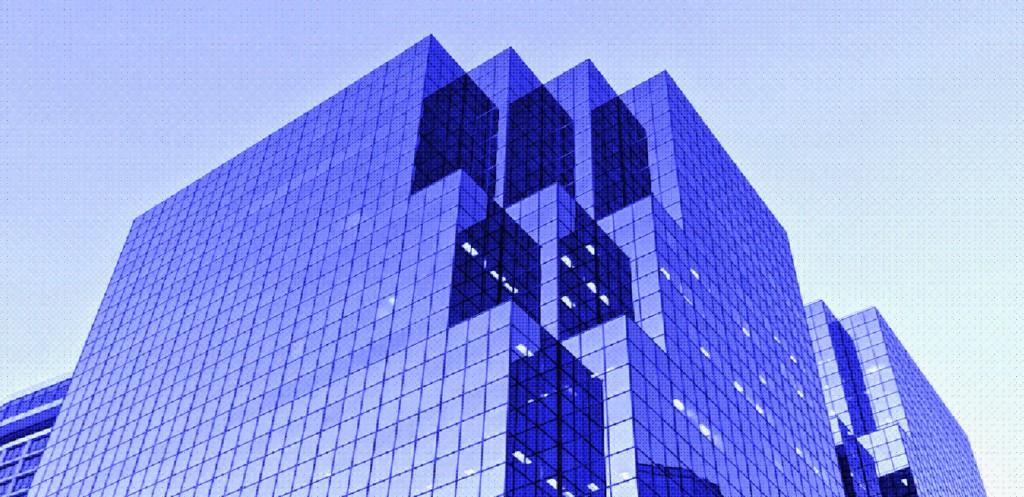 Modern office tower, stylized blue duotone
